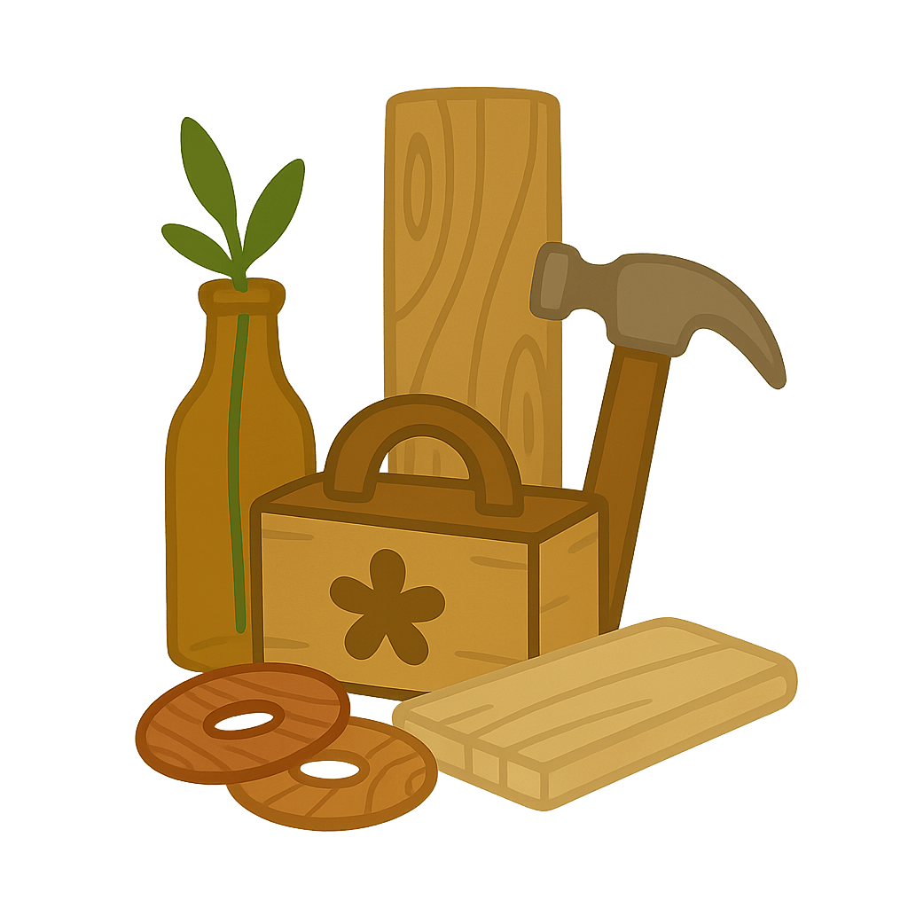 Hammer, Holz und Pflanzen – Symbol für handwerkliches Arbeiten mit Naturmaterialien.