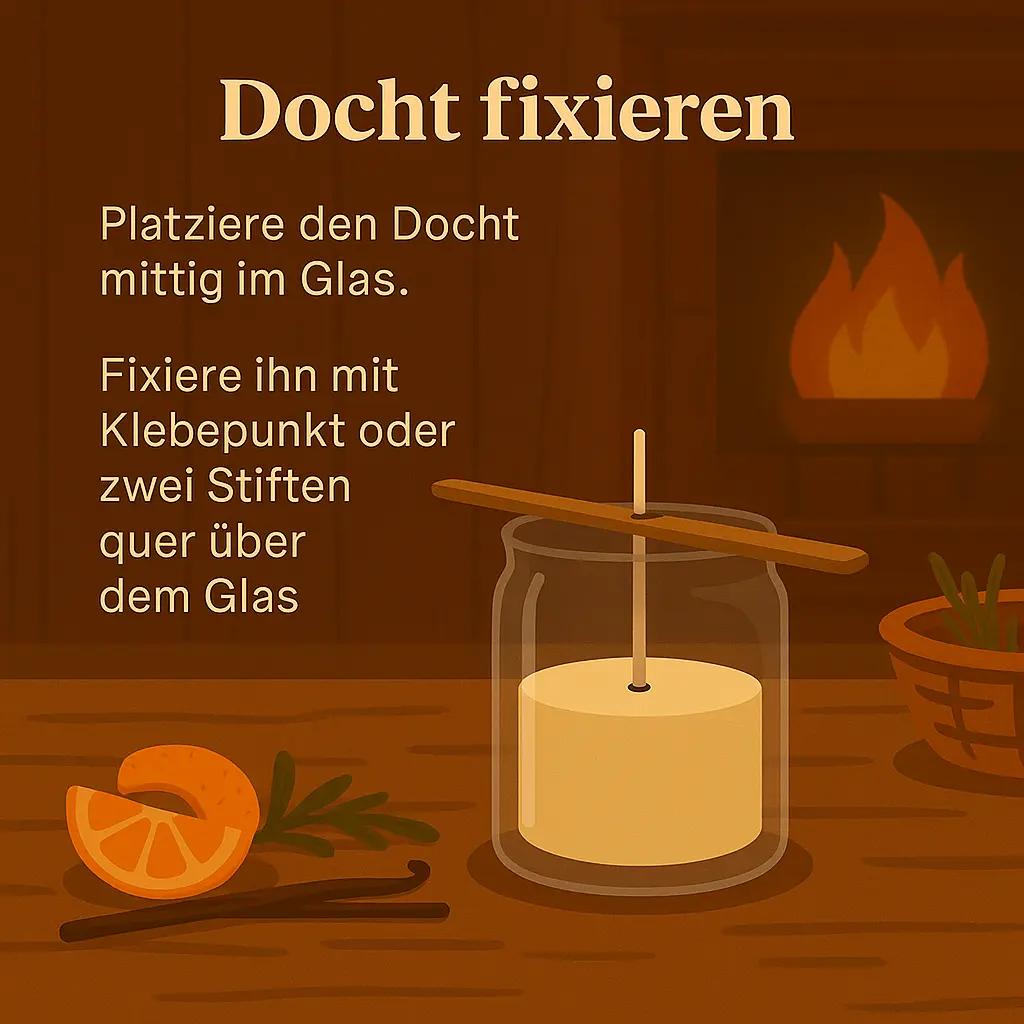 Glas mit Docht, fixiert mit Holzstäben über dem Rand.