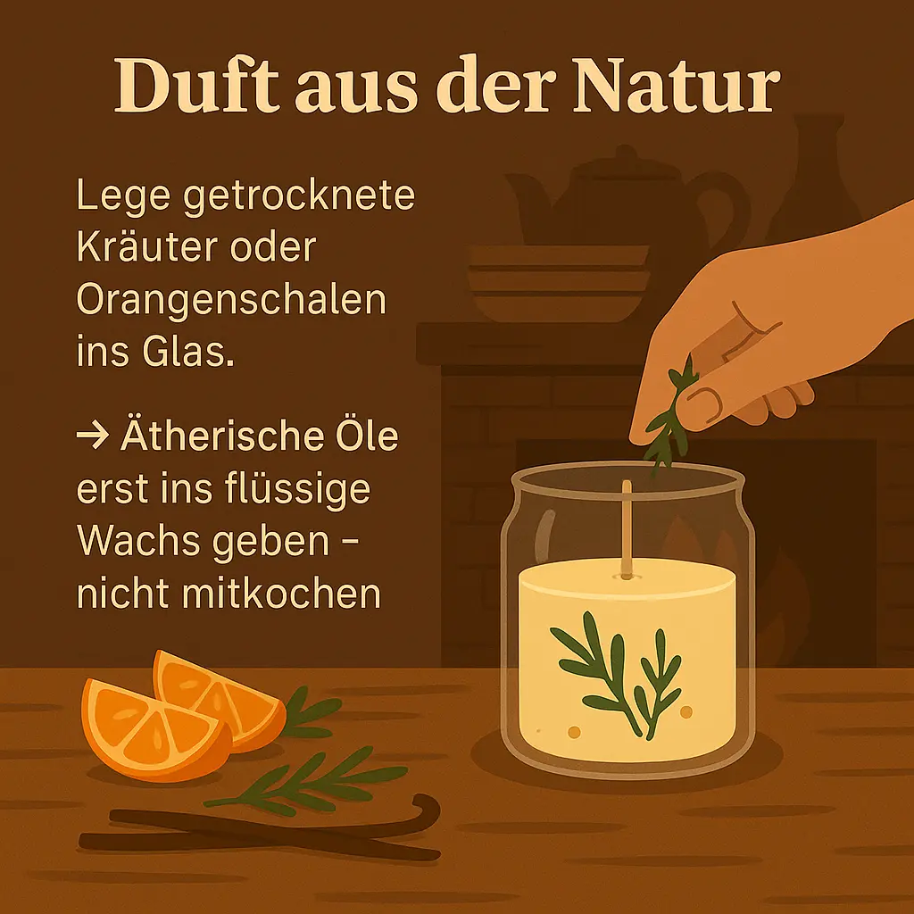 Hand legt Kräuter in flüssiges Wachs einer Kerze.