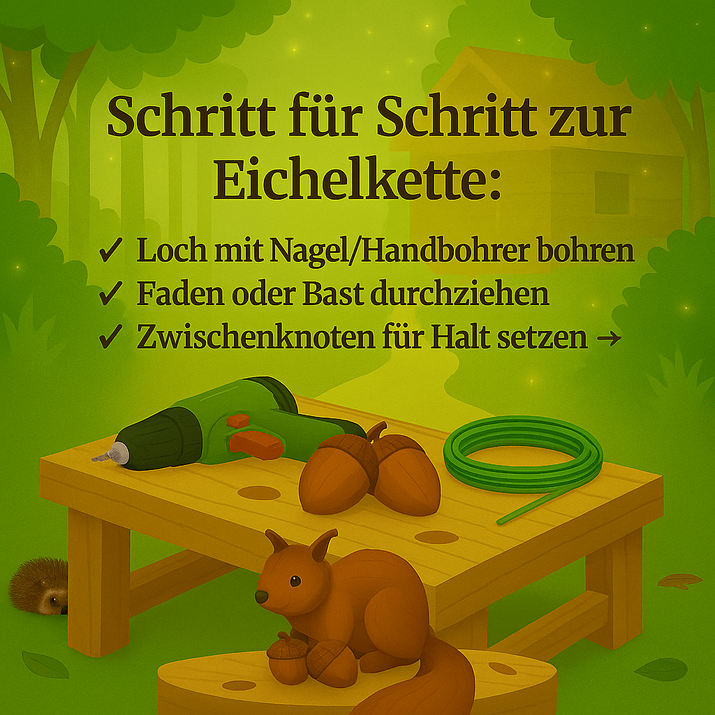 Anleitung zum Basteln einer Eichelkette – Faden durchziehen, Knoten setzen