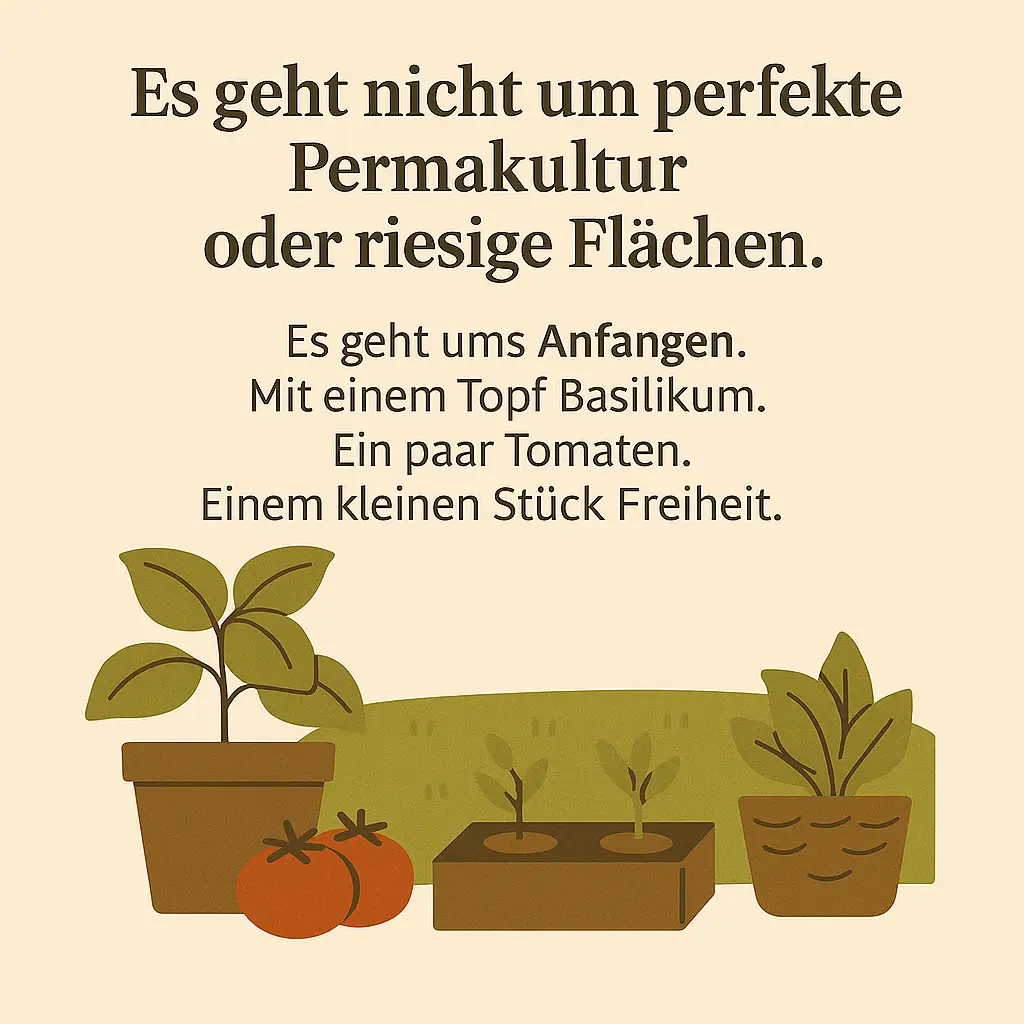 Gemüsekorb und Beete mit verschiedenen Pflanzen – Symbol für Ruhe und Selbstbestimmung.