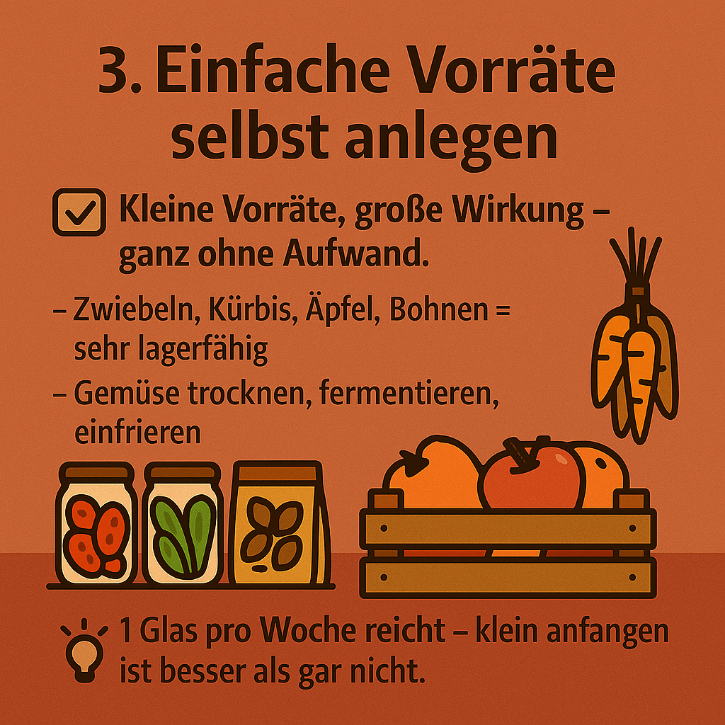 Vorratsgläser mit Gemüse und Obst – Hinweis auf Haltbarmachen durch Fermentieren oder Trocknen