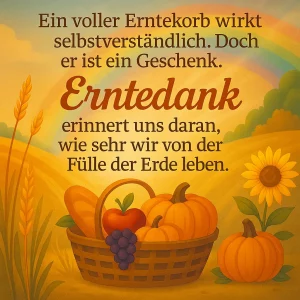 Erntekorb mit Kürbissen, Apfel, Weintrauben und Sonnenblume im Herbstfeld.