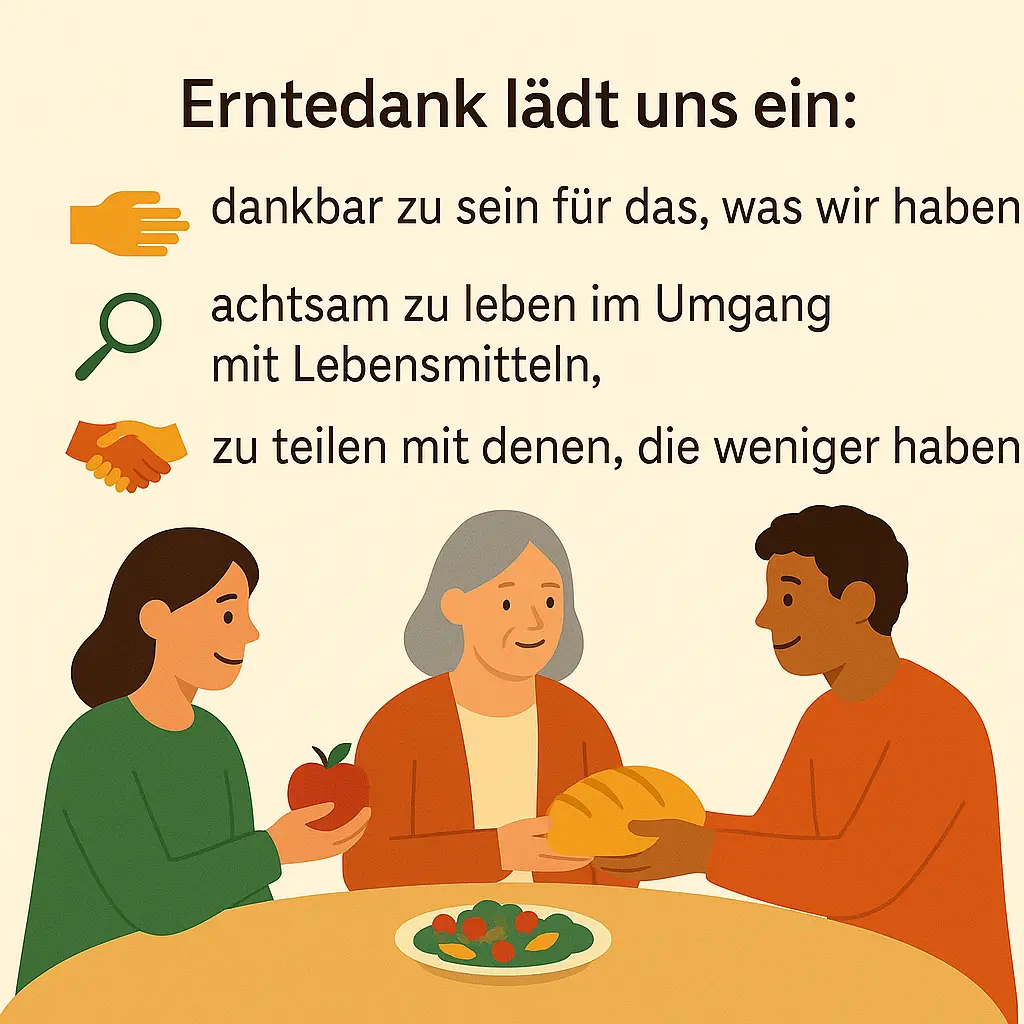 Menschen teilen Brot und Obst am Tisch, Symbol für Achtsamkeit.