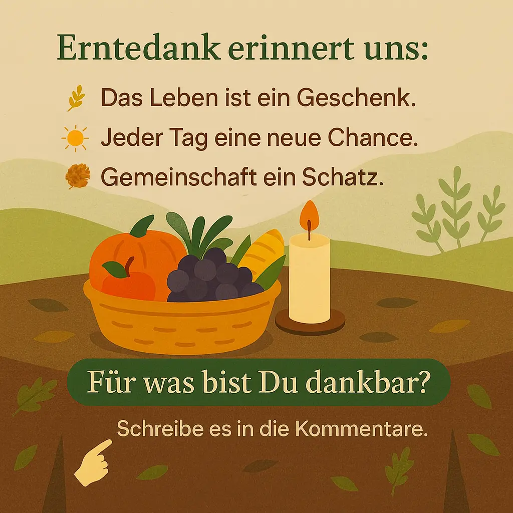 Erntekorb mit Kerze und Früchten, Frage nach Dankbarkeit.