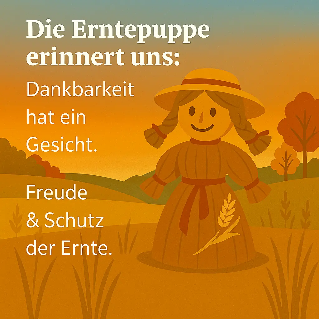 Erntepuppe aus Stroh mit Hut und Ähren im Sonnenuntergang.