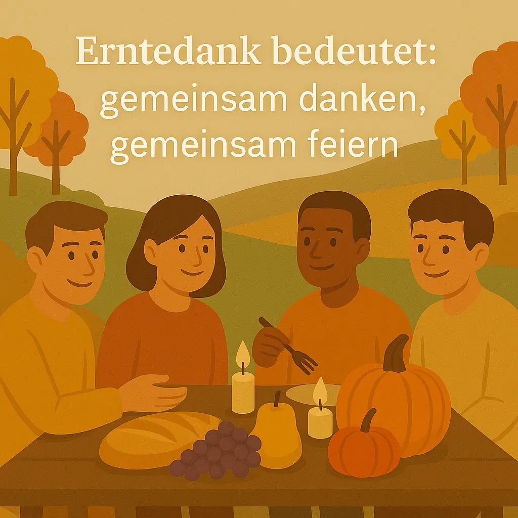 Gruppe von Menschen feiert Erntedank mit Brot, Kürbis und Kerzen.