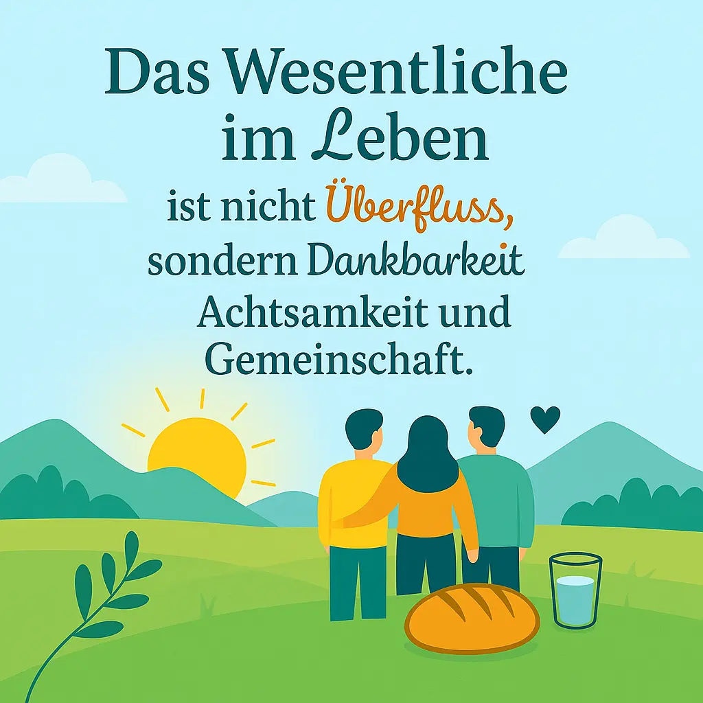 Drei Menschen blicken auf Sonnenaufgang mit Brot und Glas Wasser.