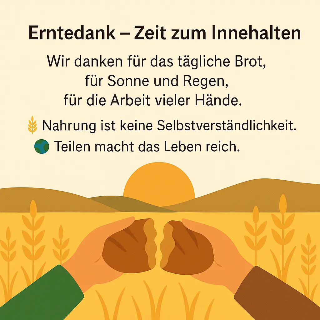 Hände brechen Brot im Sonnenuntergang über einem Getreidefeld.