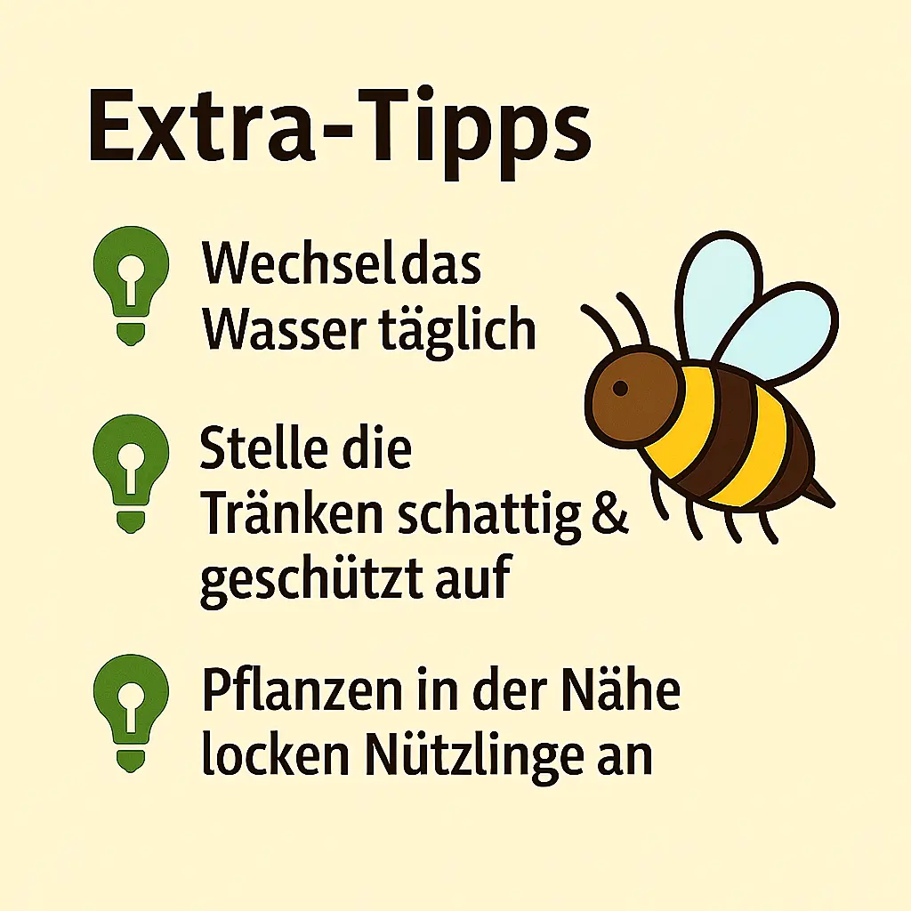 Biene fliegt neben Symbolen für Gartentipps.
