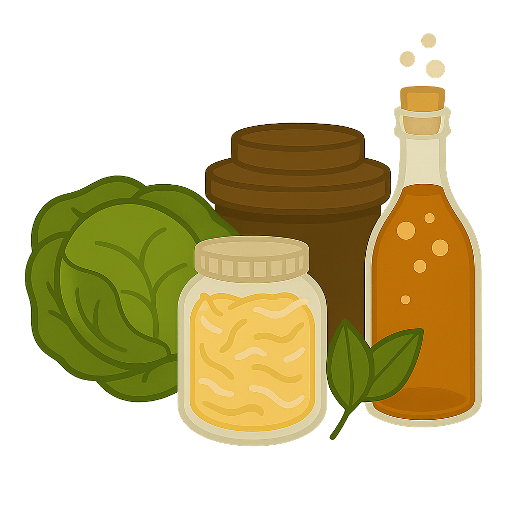 Glasflaschen, Kohl und Fermentationsgläser – Symbol für Fermentation und Getränkeherstellung.