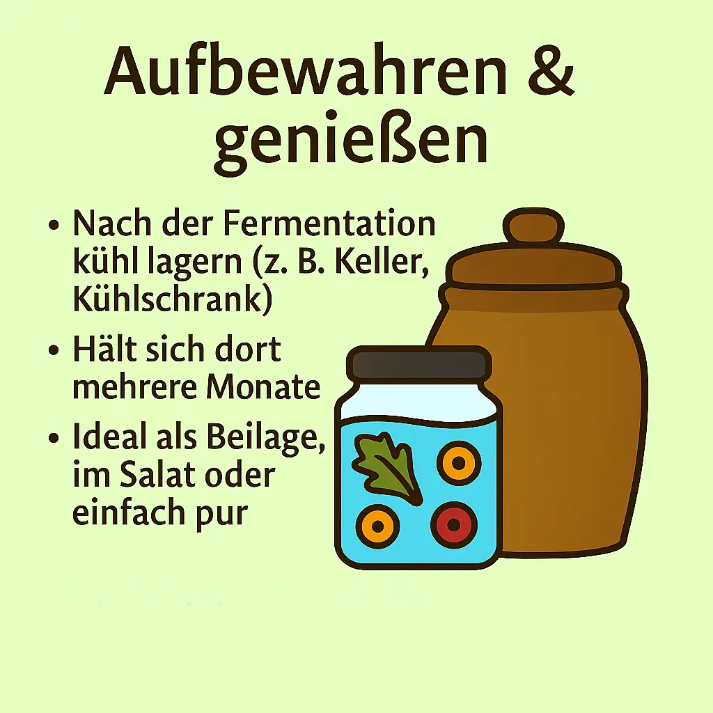 Fermentiertes Gemüse im Glas, kühl gelagert.