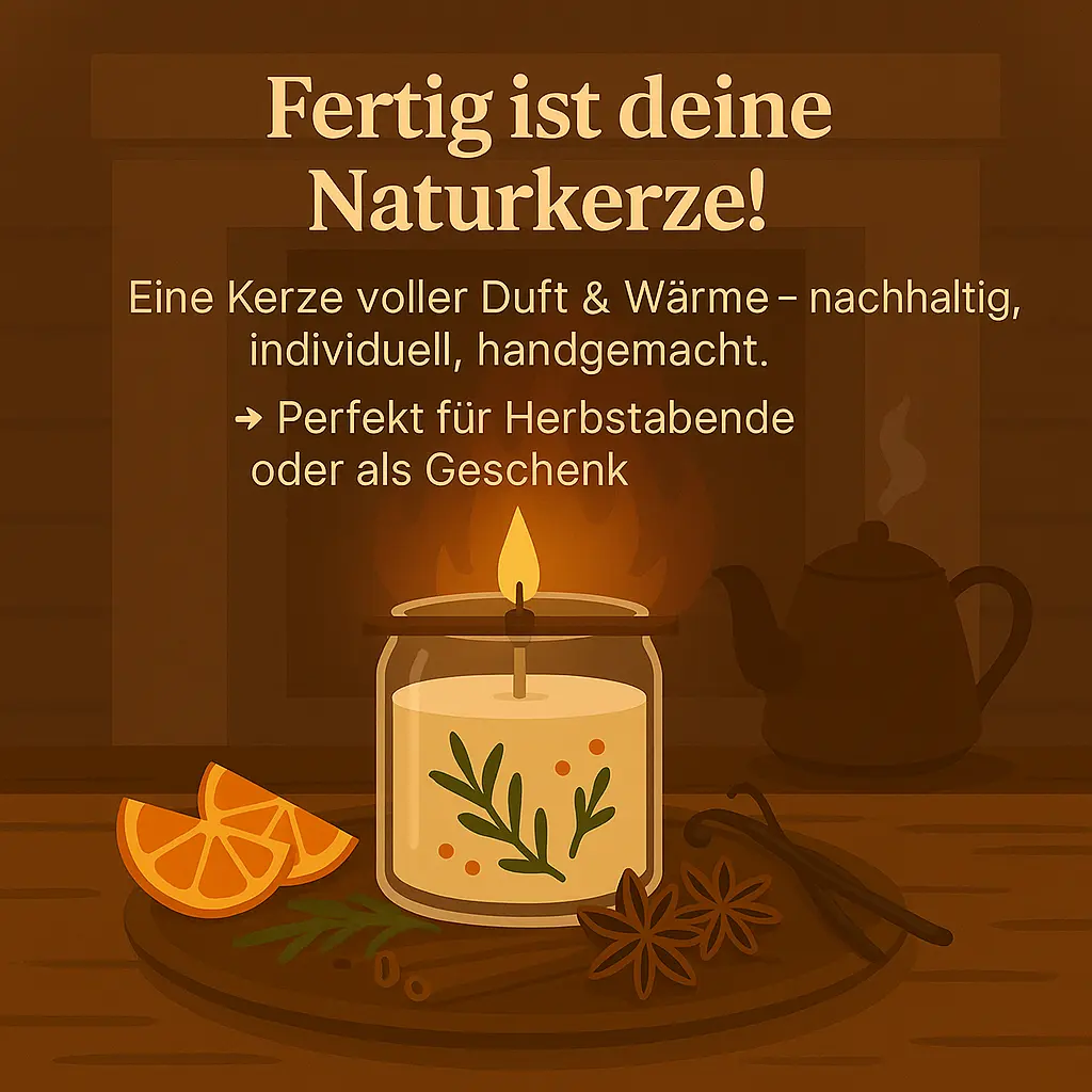Fertige Naturkerze mit Kräutern, Orange und Zimt auf Holztisch.