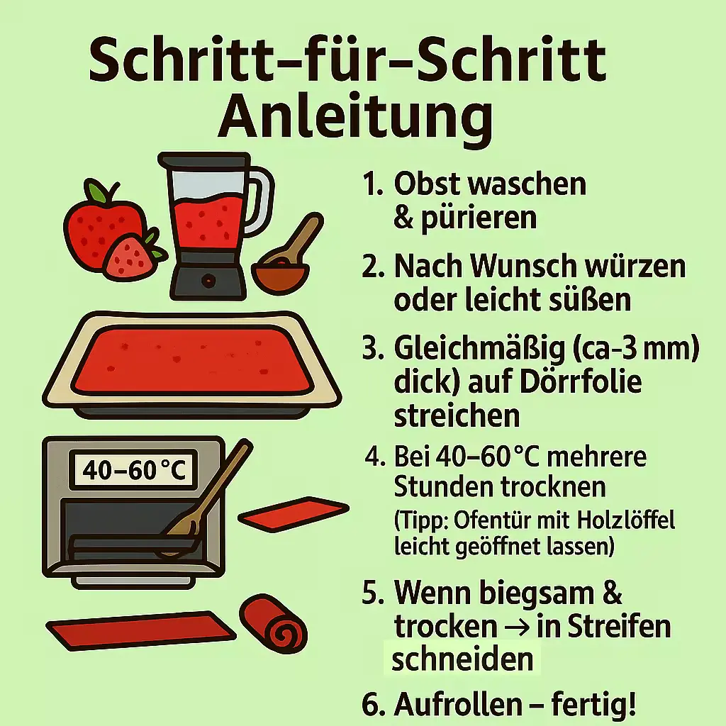 Schritt-für-Schritt-Anleitung für Fruchtleder – pürieren, aufstreichen, trocknen, aufrollen