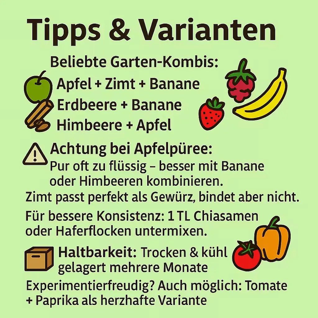 Tipps und Varianten für Fruchtleder – Apfel, Banane, Erdbeere, Himbeere, Gewürze