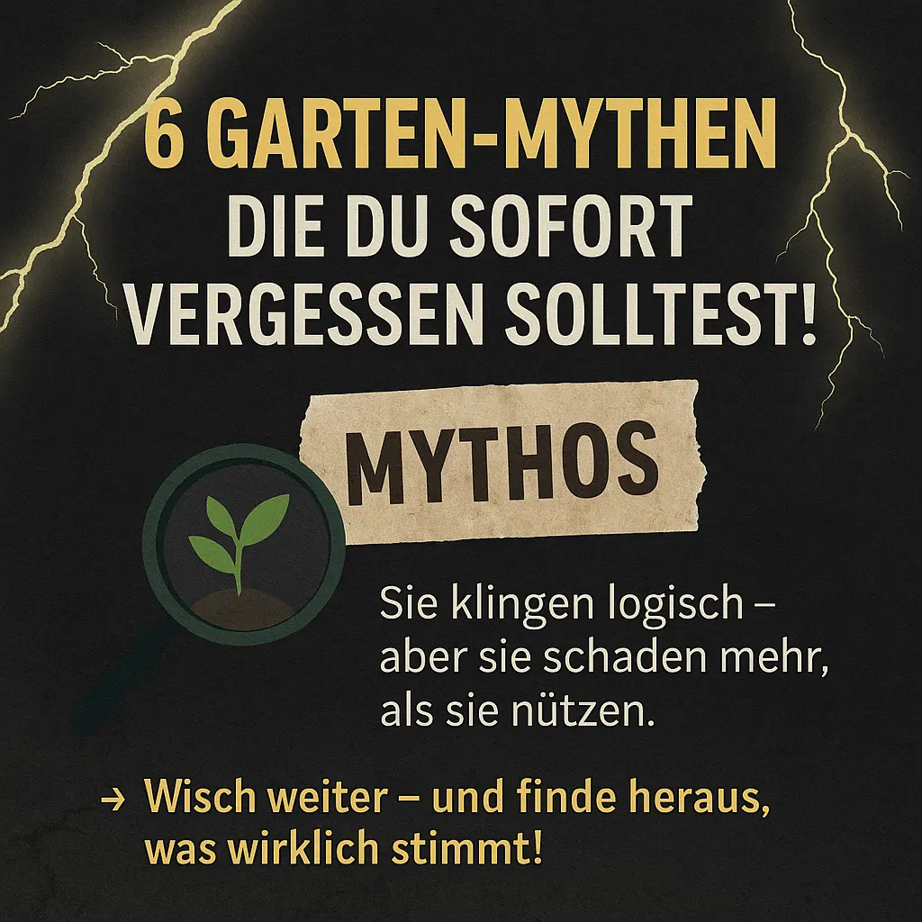 Titelgrafik mit Blitzmotiv und Schrift „6 Gartenmythen, die du sofort vergessen solltest