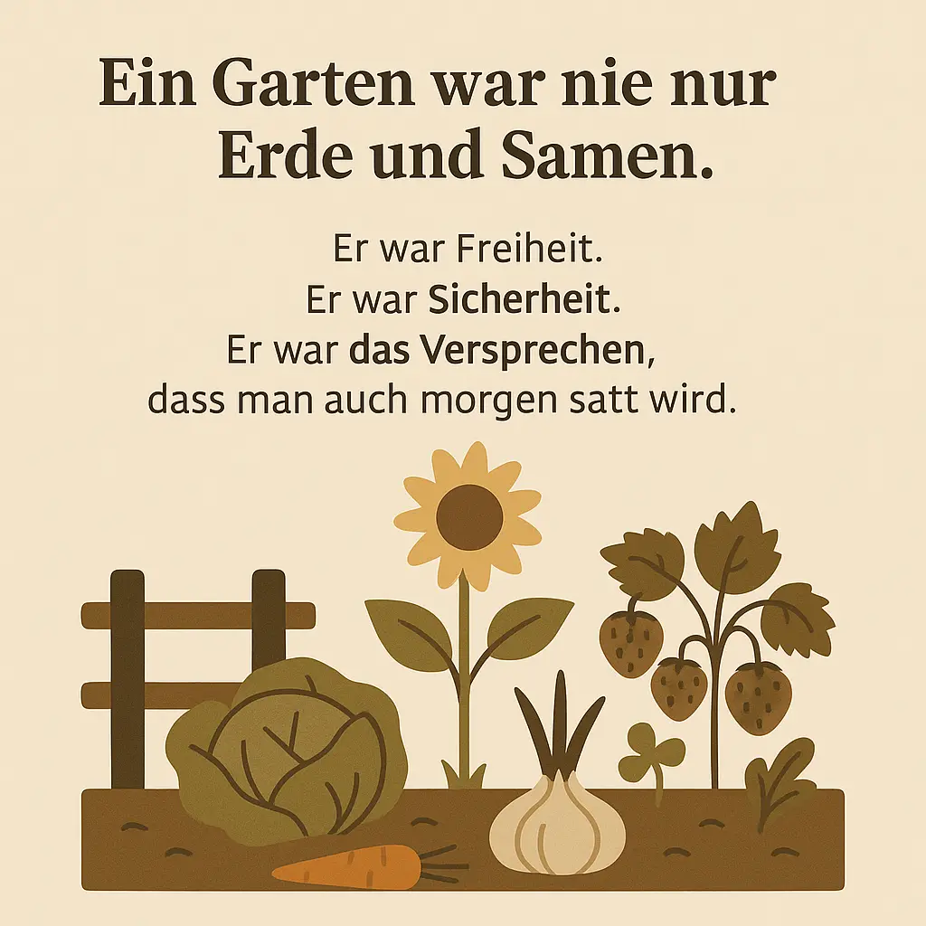 Verschiedene Gemüsepflanzen und Kräuter wachsen in einem Beet mit gefülltem Erntekorb.