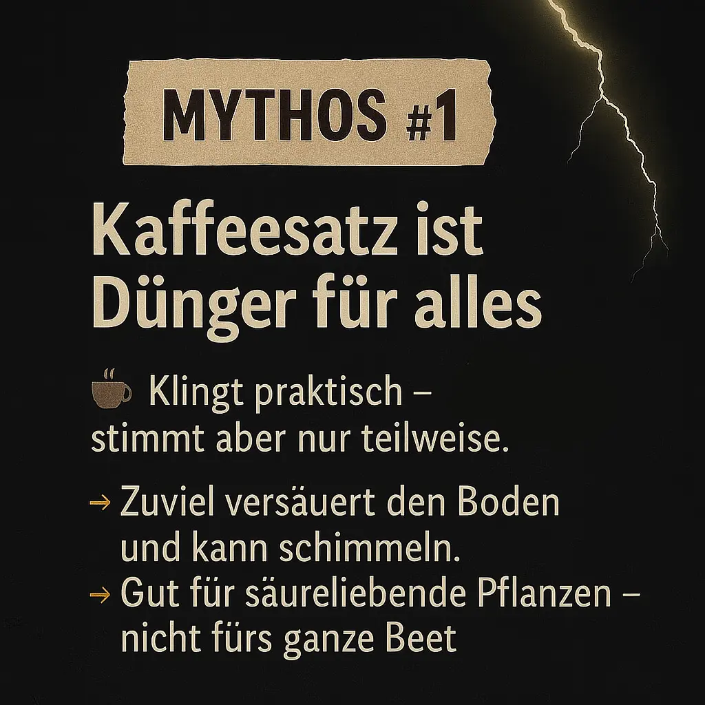 Blitzmotiv mit Kaffeetasse und Text über den Mythos „Kaffeesatz als Dünger“.