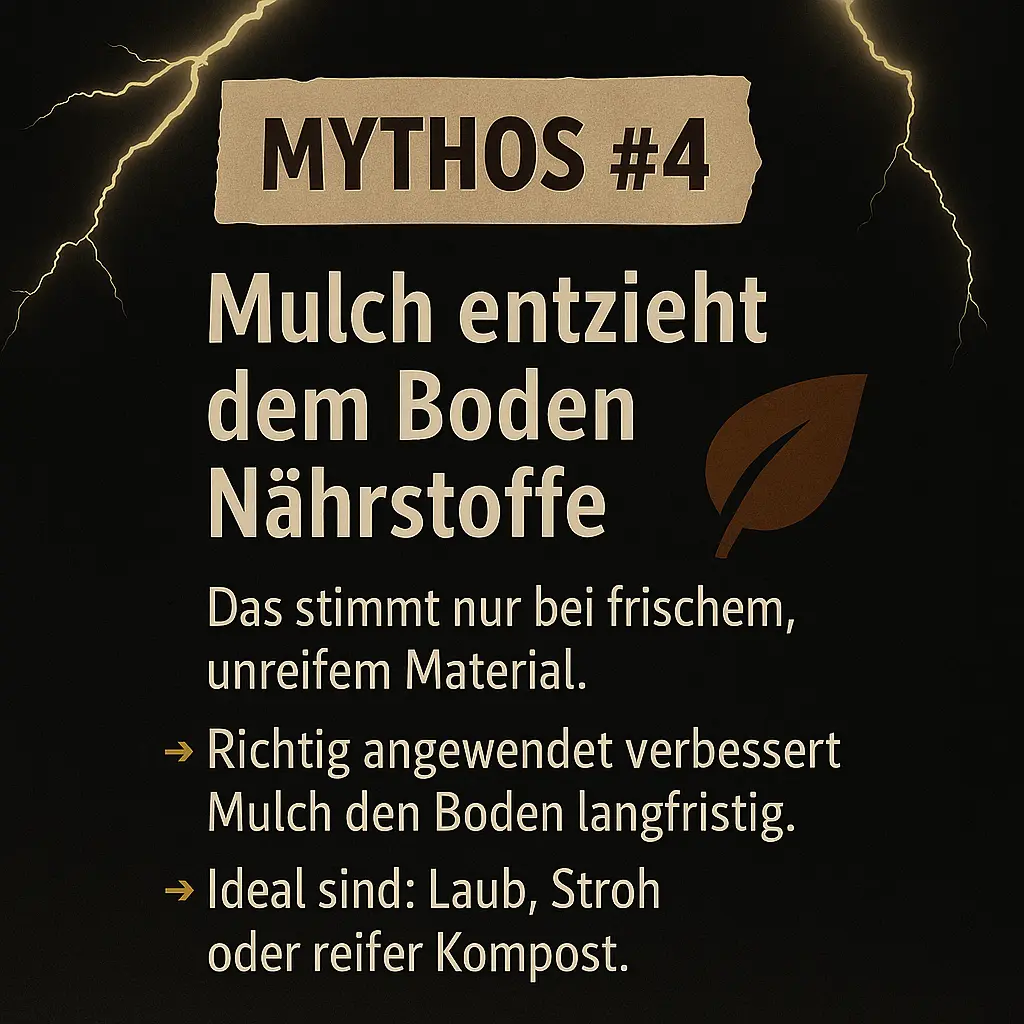 Blattmotiv mit Text über Mulch und Bodengesundheit.