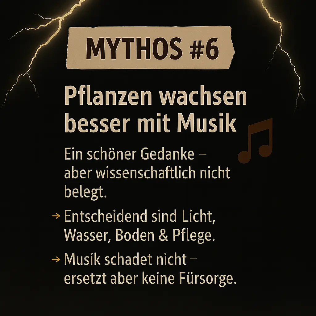 Musiknoten und Blitzmotiv mit Text zum Mythos Musik für Pflanzen.