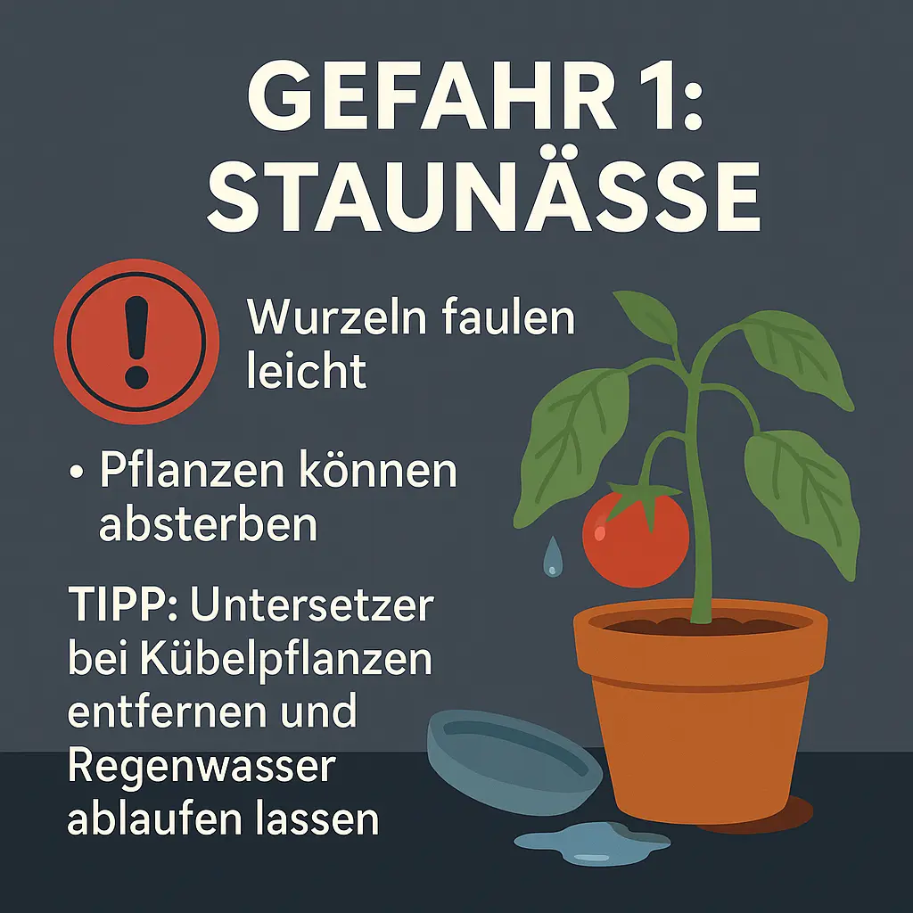 Topfpflanze mit Staunässe – Untersetzer entfernen, um Wurzelfäule zu verhindern.