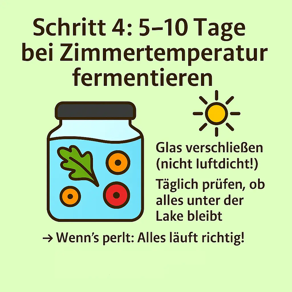 Fermentationsglas bei Zimmertemperatur mit Sonne-Symbol.