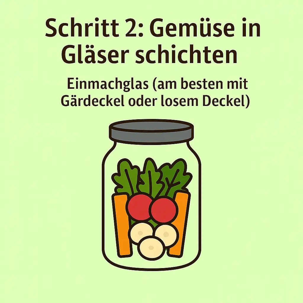 Fermentiertes Gemüse in Einmachglas schichten.