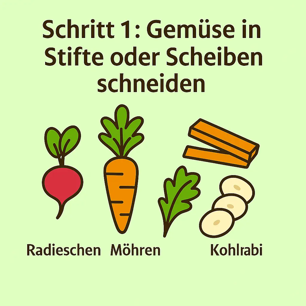 Radieschen, Karotten und Kohlrabi in Scheiben und Stifte geschnitten.