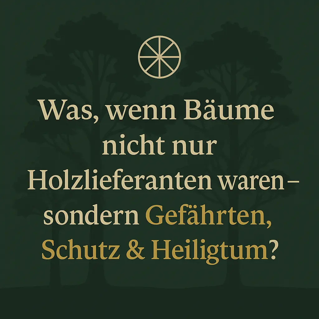 Zwei Bäume im Nebel mit Sonnenrad – Symbol alter Glaubensvorstellungen.
