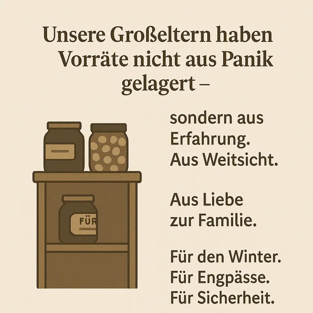 Vorratsregal mit alten Einmachgläsern, Symbol für Weitsicht und Fürsorge vergangener Generationen.