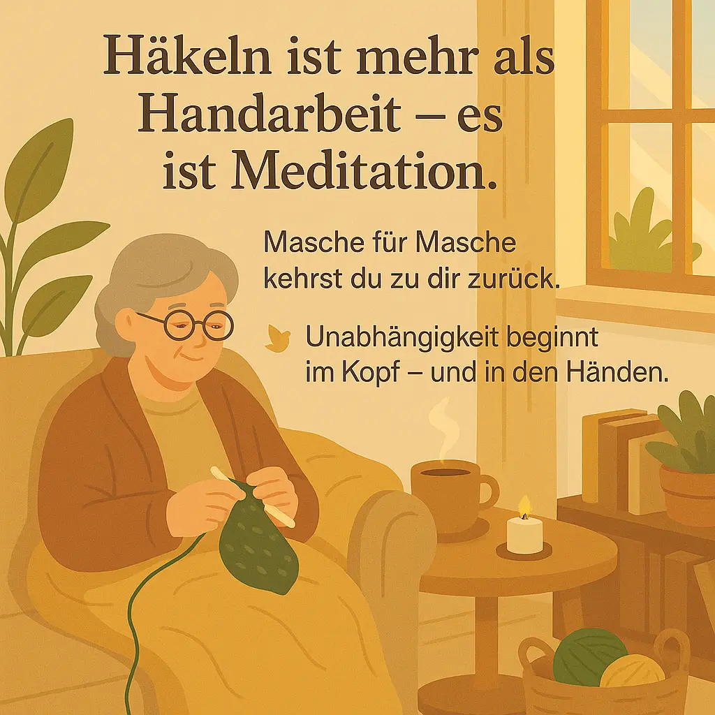Ältere Frau sitzt am Fenster und häkelt ruhig mit einer Tasse Tee neben sich.