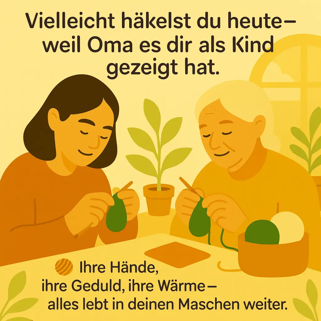 Junge Frau und Großmutter häkeln gemeinsam an einem Tisch mit Pflanzen.