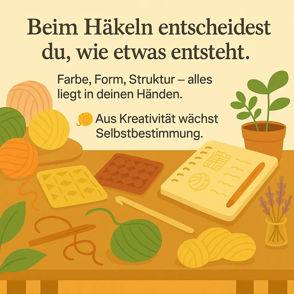 Garnknäuel, Häkelmuster und Pflanzen auf einem Holztisch.