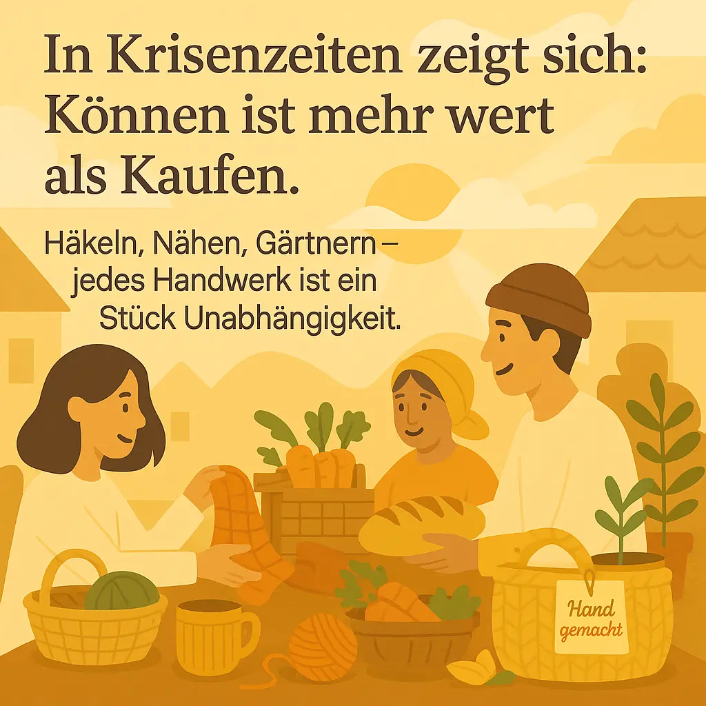Menschen tauschen selbstgemachte Waren wie Brot, Gemüse und Handarbeiten.