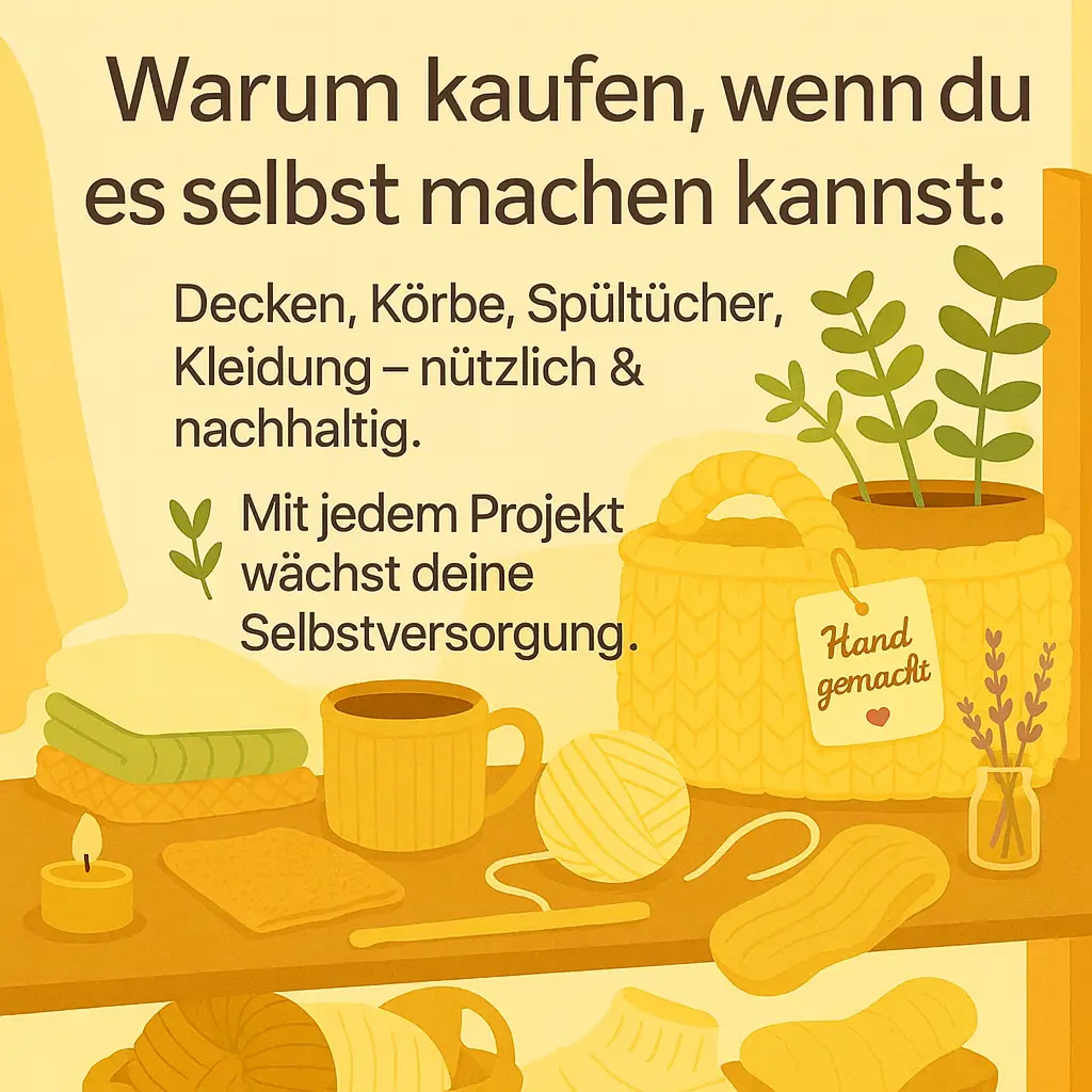 Garn, Korb, Spültuch und Teetasse auf Holztisch – gemütliche Handarbeits-Szene.