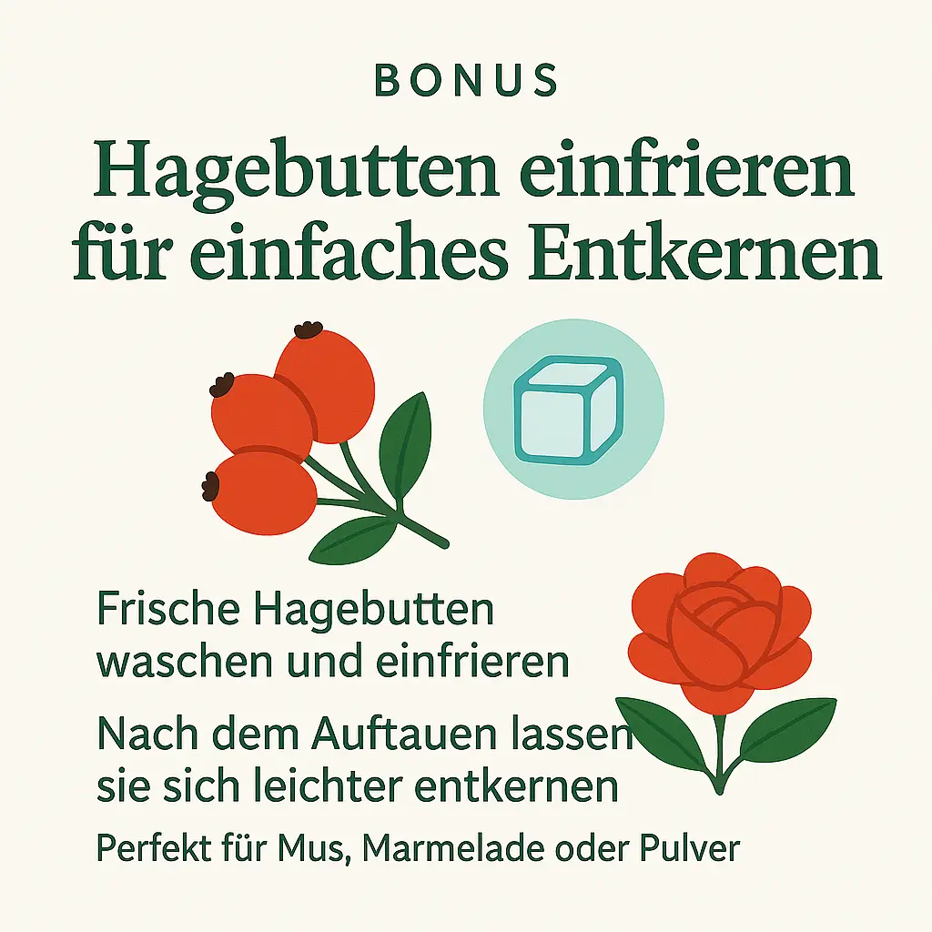 Illustration von Hagebutten, Eiswürfel-Symbol und Rosenblüte.