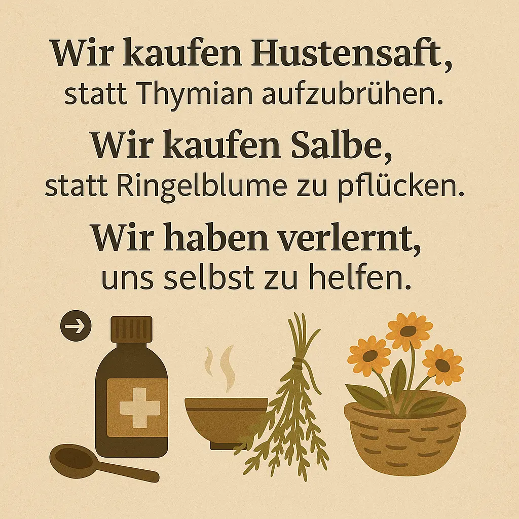Illustration mit Hustensaftflasche, Kräuterbund und Ringelblumen.