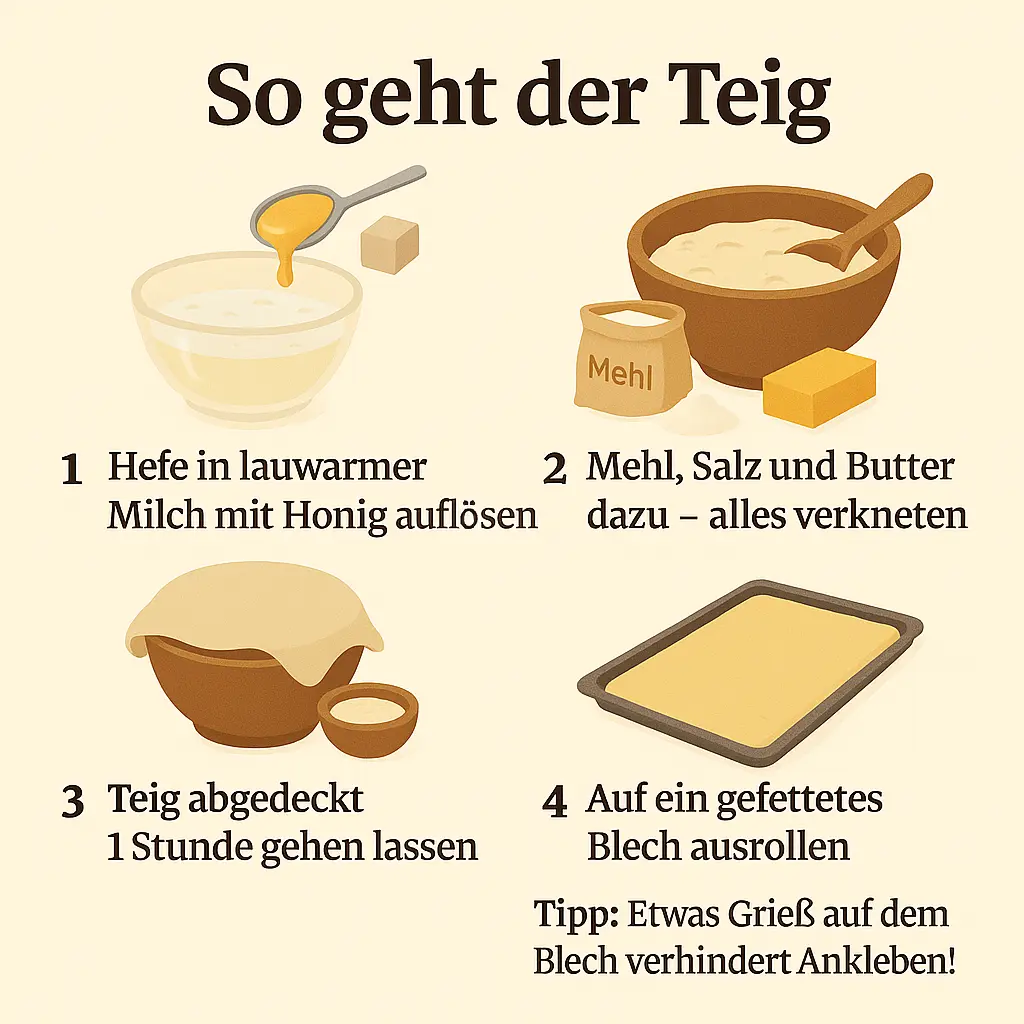Hefeteigschüssel mit Milch, Hefe und Butter – Grundrezept für Zwetschgen-Blechkuchen.