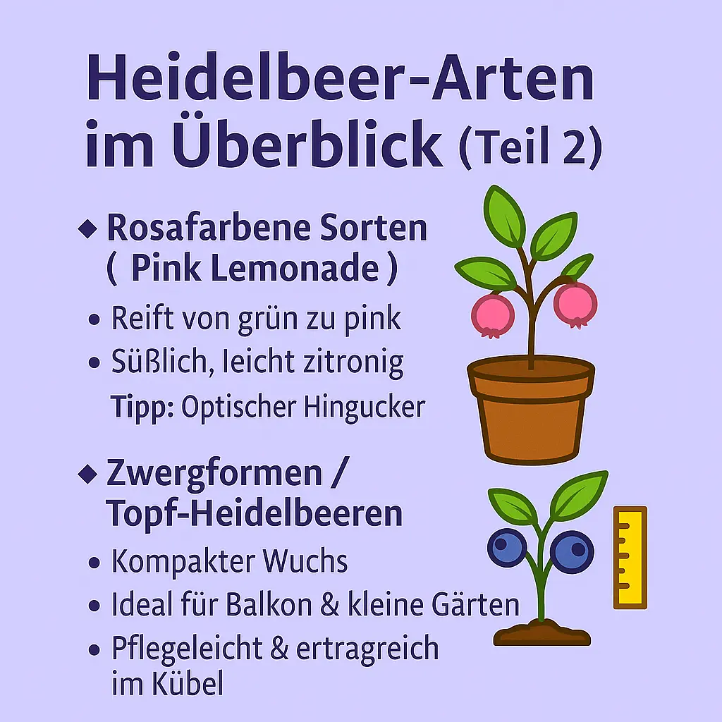 Heidelbeeren in rosa und blau – Sorten Pink Lemonade und Zwergformen.