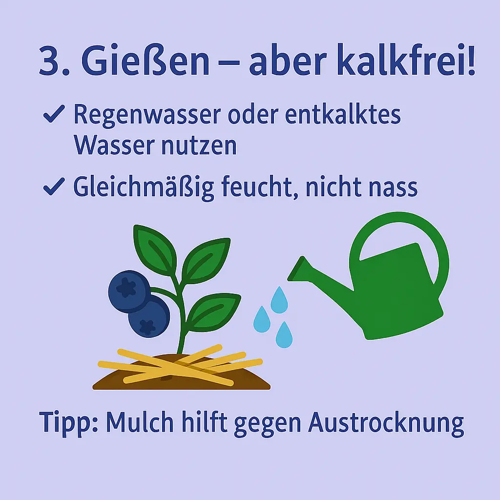 Heidelbeerstrauch mit Gießkanne und Mulch.