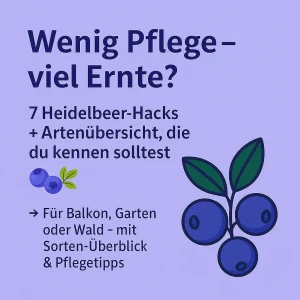 Illustration mit Heidelbeeren und Text über 7 Heidelbeer pfanzen Hacks für Garten, Balkon und Wald.