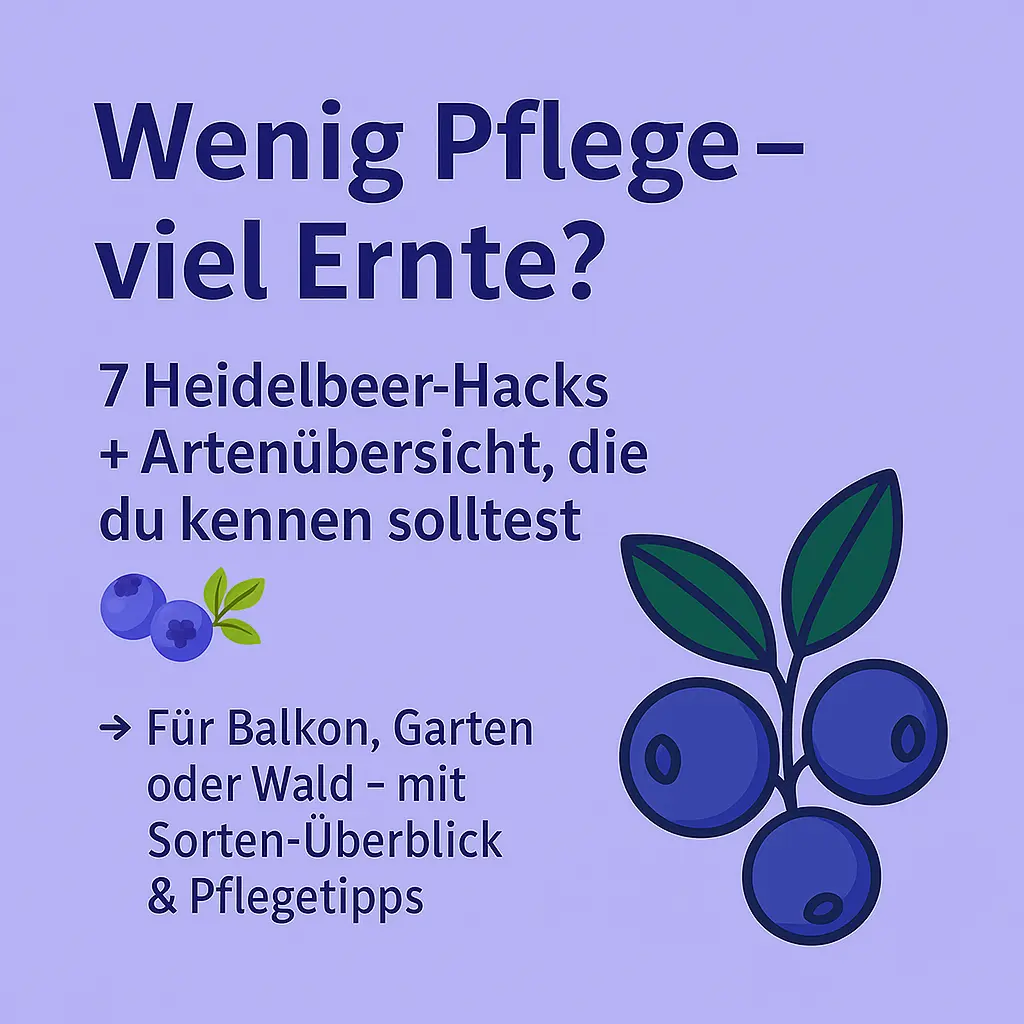 Illustration mit Heidelbeeren und Text über 7 Heidelbeer pfanzen Hacks für Garten, Balkon und Wald.