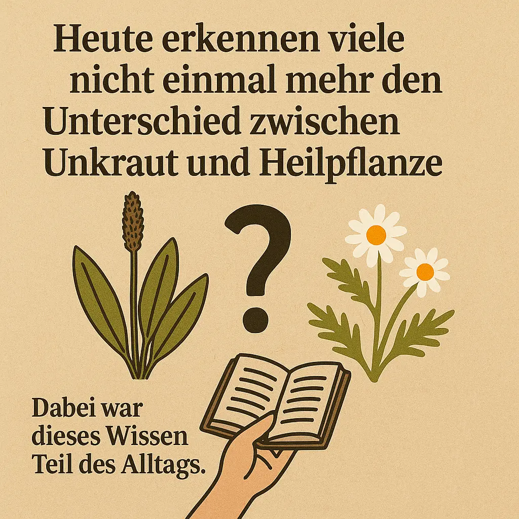 Illustration eines Spitzwegerichs, einer Kamille und eines Buches.