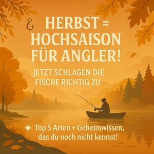 Angler im Boot auf ruhigem See im Abendlicht – Symbol für Herbstsaison beim Angeln.