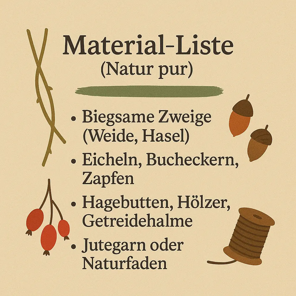Liste mit Naturmaterialien wie Zweige, Zapfen, Eicheln, Hagebutten und Jutegarn für Herbstkranz.