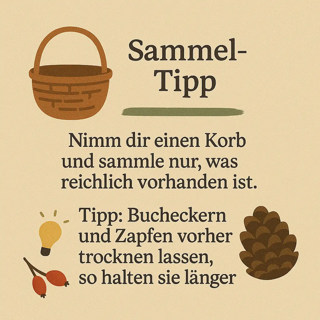 Korb mit Waldfrüchten wie Zapfen und Hagebutten – nachhaltiges Sammeln im Herbst.