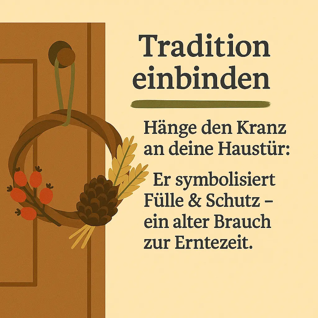 Tür mit aufgehängtem Herbstkranz aus Naturmaterialien – Symbol für Fülle und Schutz.