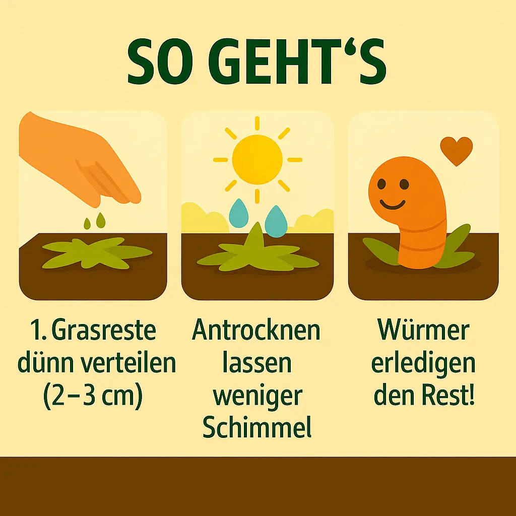 Drei Schritte des Mulchens mit Hand, Sonne und Regenwurm.