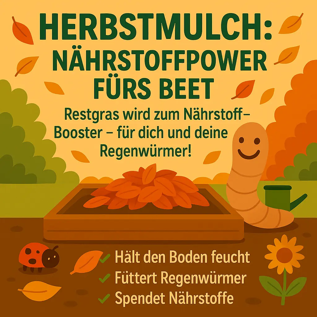 Beet mit Herbstmulch und Regenwurm im Herbstgarten.