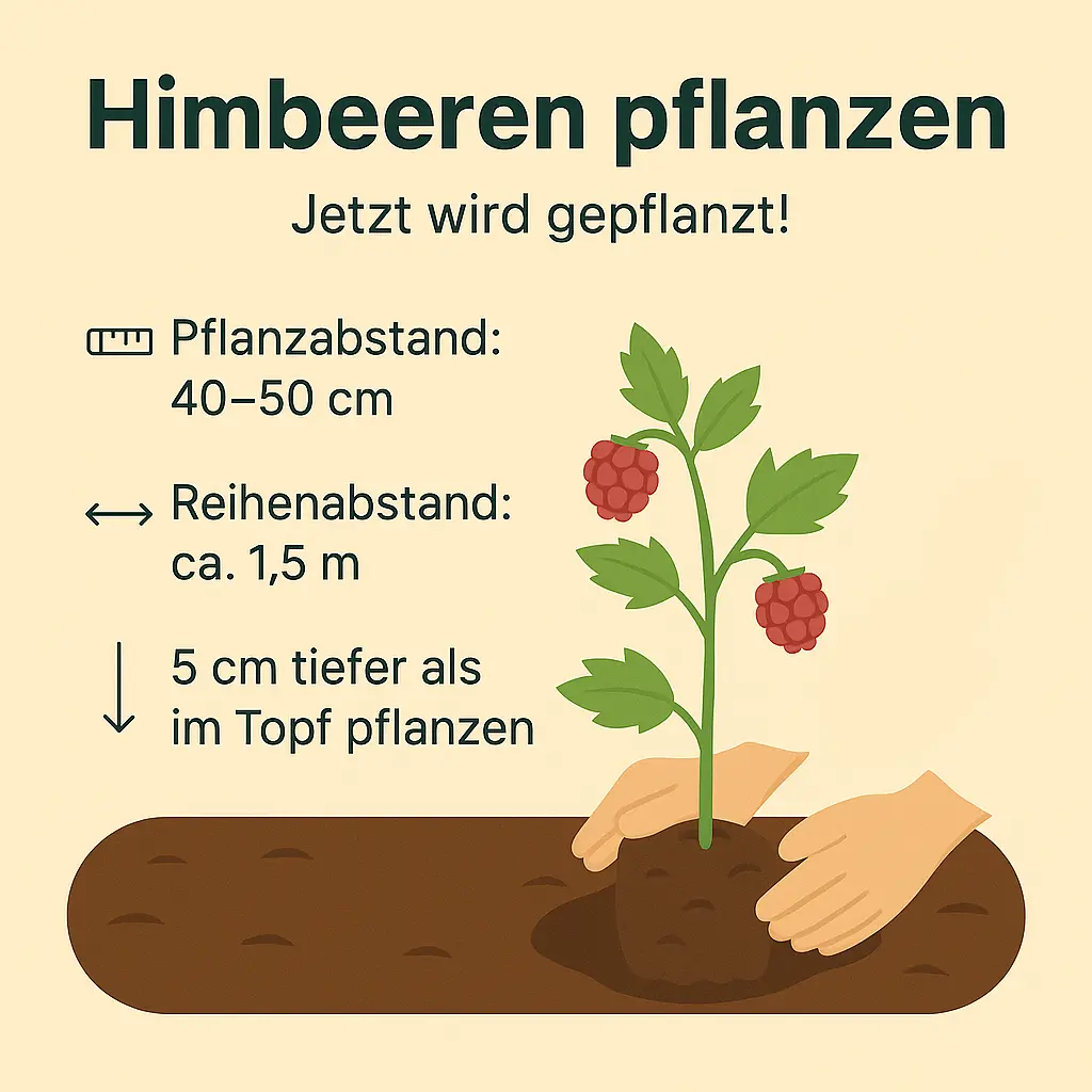 Illustration einer Himbeerpflanze, die in die Erde gesetzt wird.